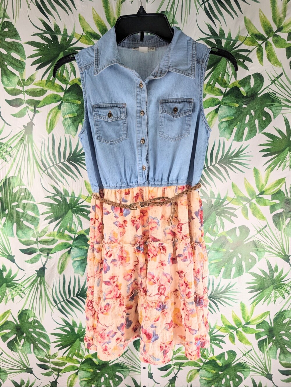 Knitworks Denim Floral Belted Dress (Size: Large)